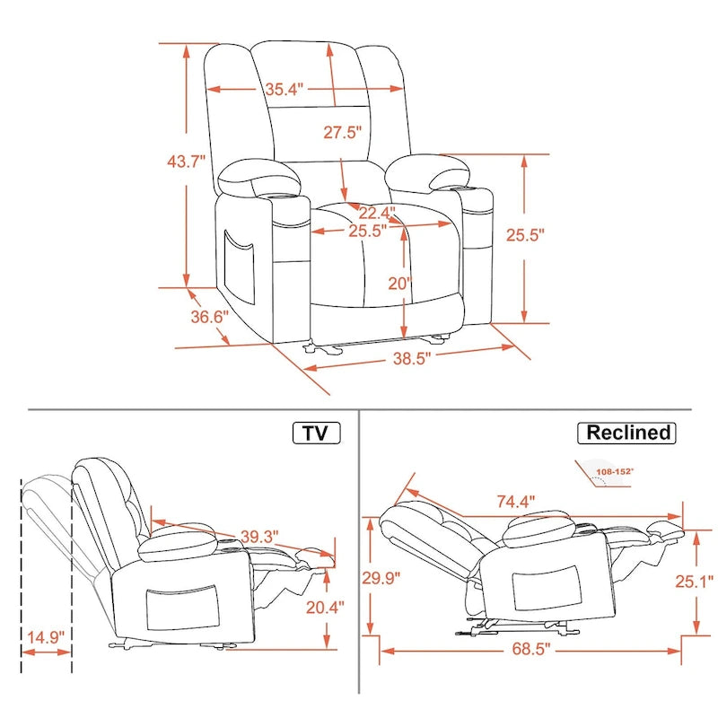 Fauteuil inclinable électrique MCombo avec chauffage et massage, tissu 6079/PR670