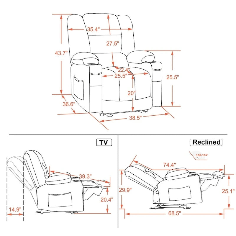Fauteuil inclinable électrique MCombo avec chauffage et massage, tissu 6079/PR670