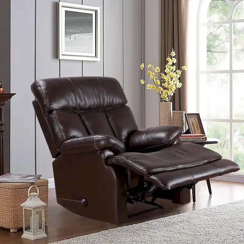 Fauteuil inclinable manuel Davin en cuir véritable pleine fleur marron avec repose-pieds extensible