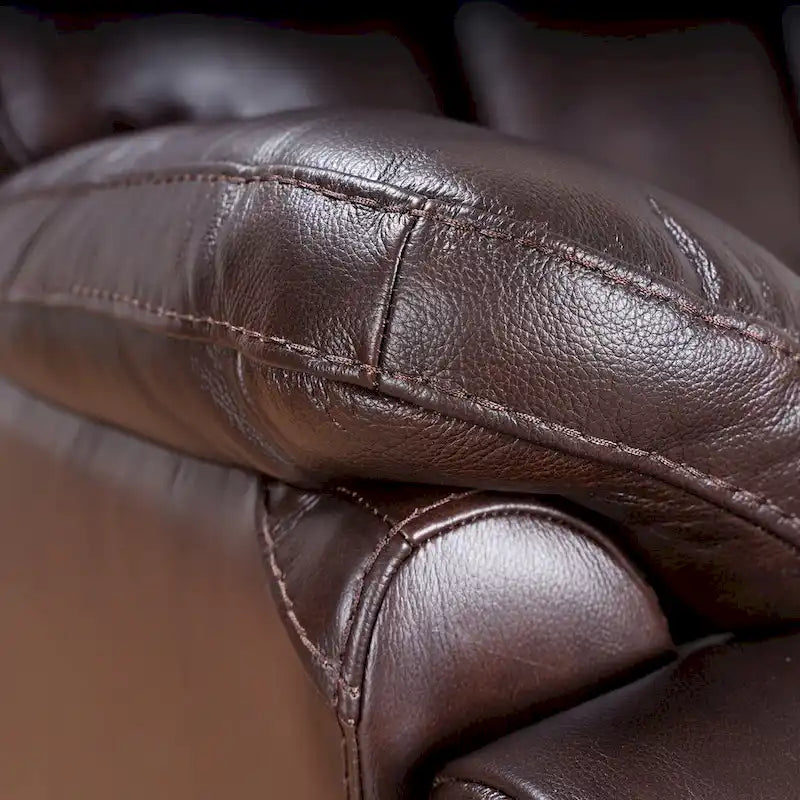 Fauteuil inclinable manuel Davin en cuir véritable pleine fleur marron avec repose-pieds extensible