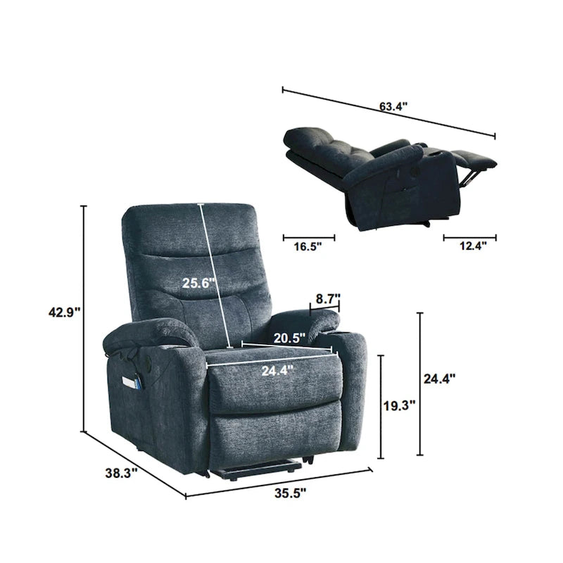 Fauteuil inclinable électrique Liyasi avec massage et chauffage pour personnes âgées, 3 positions, 2 poches latérales, porte-gobelets, chargeur USB