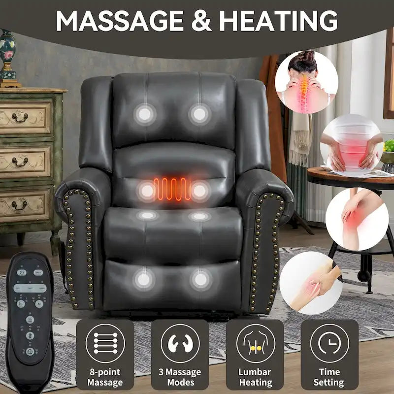Fauteuil inclinable releveur électrique, Chaleur, Massage, Double moteur, Inclinaison infinie jusqu'à 158 kg, Mécanisme robuste avec ports USB