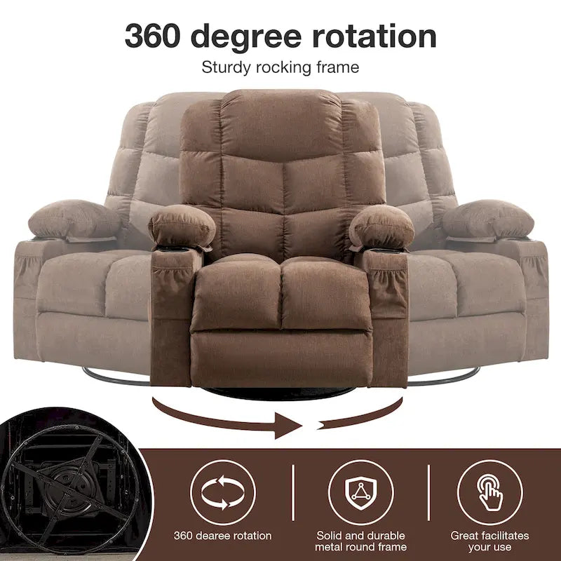 Fauteuil inclinable à bascule de massage Chaises à bascule surdimensionnées pour adultes avec 2 porte-gobelets, port de chargement USB Fonctions douces un massage manuel