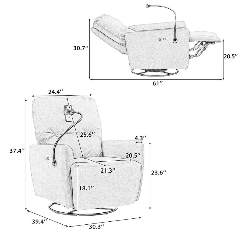 Fauteuil inclinable électrique pivotant à 270 degrés, canapé inclinable individuel pour cinéma maison avec porte-téléphone pour L