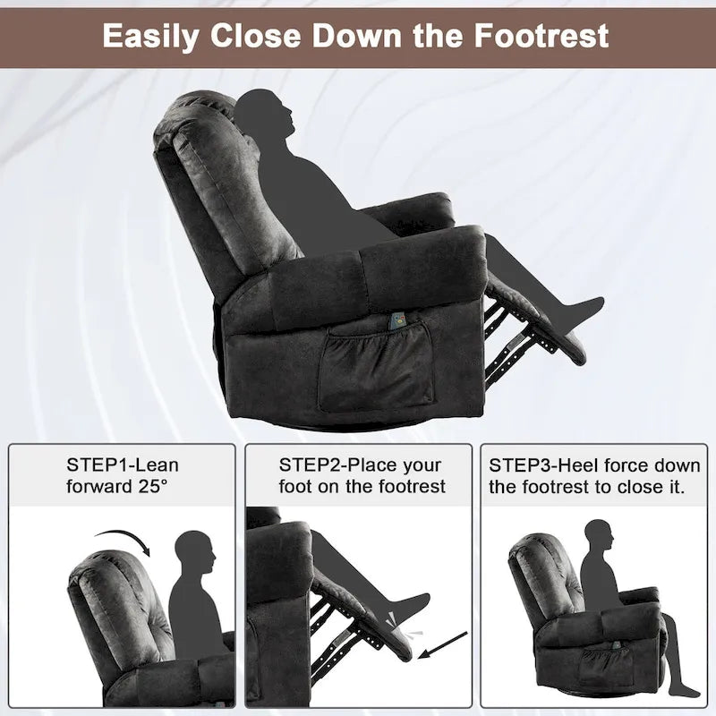 Fauteuils inclinables pivotants berçants avec massage et chaleur et poches latérales