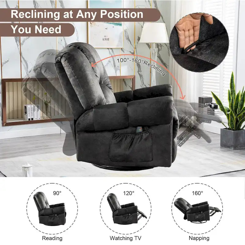 Fauteuils inclinables pivotants berçants avec massage et chaleur et poches latérales