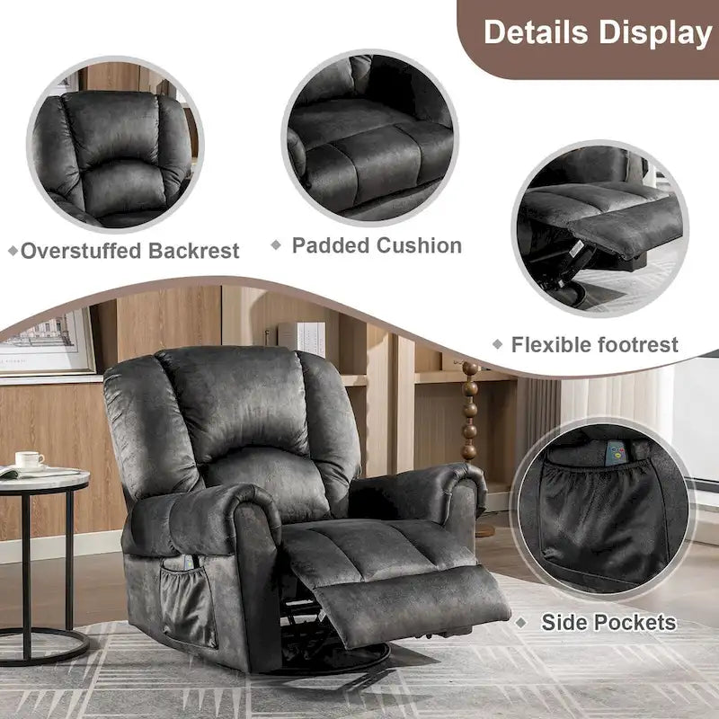 Fauteuils inclinables pivotants berçants avec massage et chaleur et poches latérales