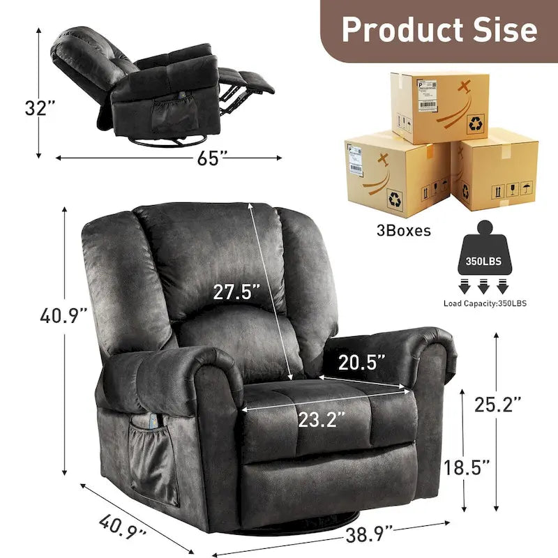 Fauteuils inclinables pivotants berçants avec massage et chaleur et poches latérales