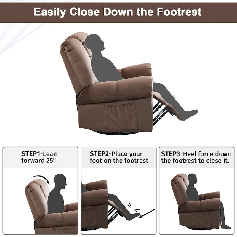 Fauteuils inclinables pivotants berçants avec massage et chaleur et poches latérales