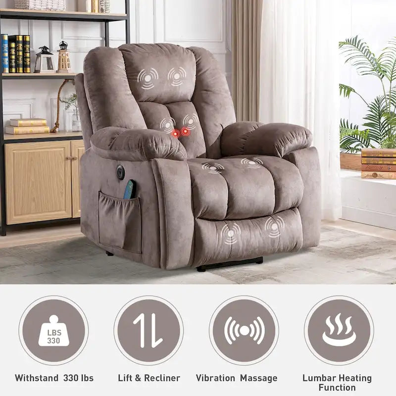 Fauteuil inclinable releveur électrique surdimensionné avec massage et chauffage et 2 porte-gobelets dissimulés pour personnes âgées