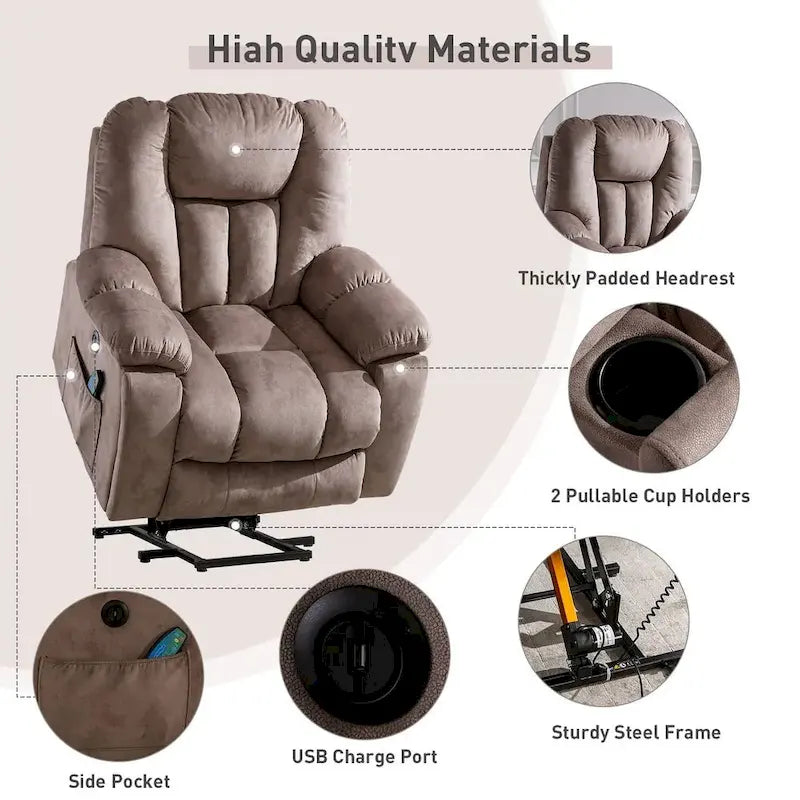 Fauteuil inclinable releveur électrique surdimensionné avec massage et chauffage et 2 porte-gobelets dissimulés pour personnes âgées