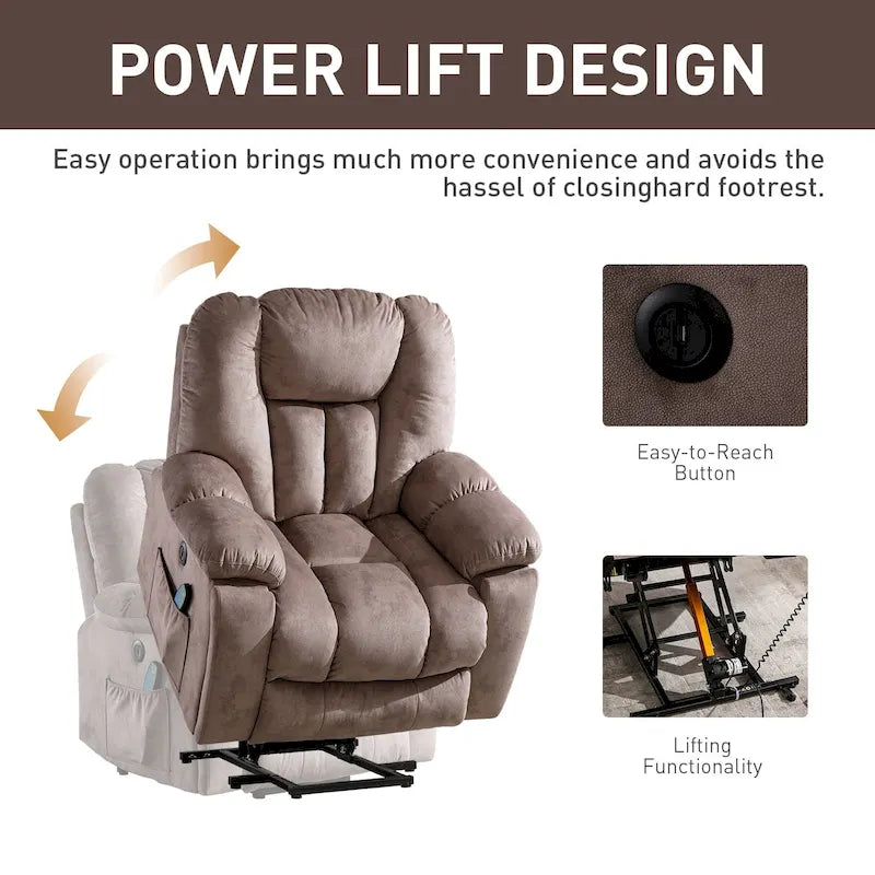 Fauteuil inclinable releveur électrique surdimensionné avec massage et chauffage et 2 porte-gobelets dissimulés pour personnes âgées