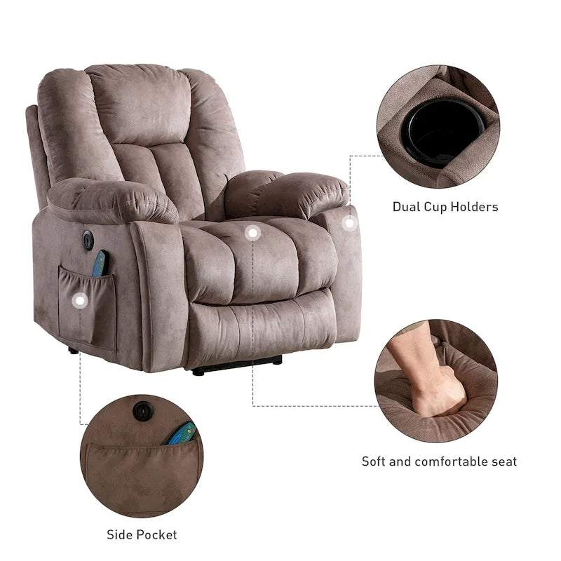 Fauteuil inclinable releveur électrique surdimensionné avec massage et chauffage et 2 porte-gobelets dissimulés pour personnes âgées