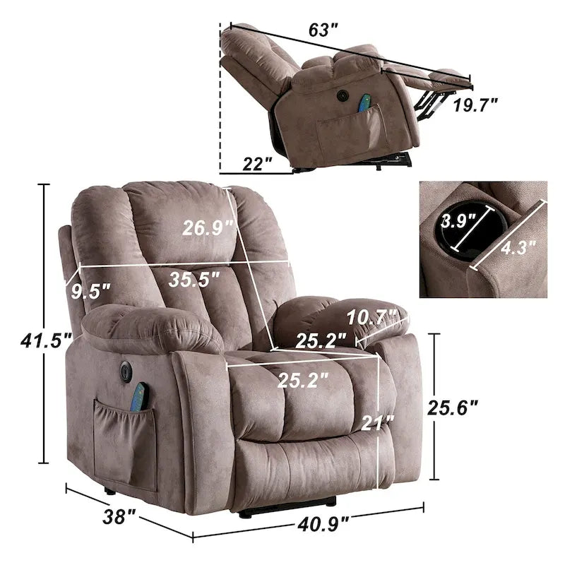 Fauteuil inclinable releveur électrique surdimensionné avec massage et chauffage et 2 porte-gobelets dissimulés pour personnes âgées