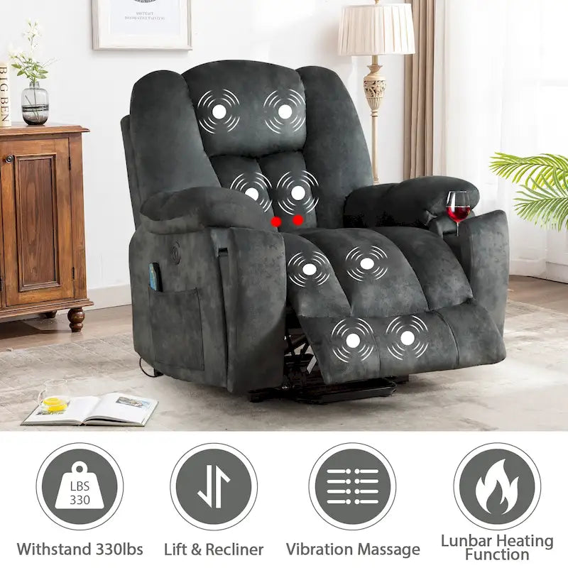 Fauteuil inclinable releveur électrique surdimensionné avec massage et chauffage et 2 porte-gobelets dissimulés pour personnes âgées
