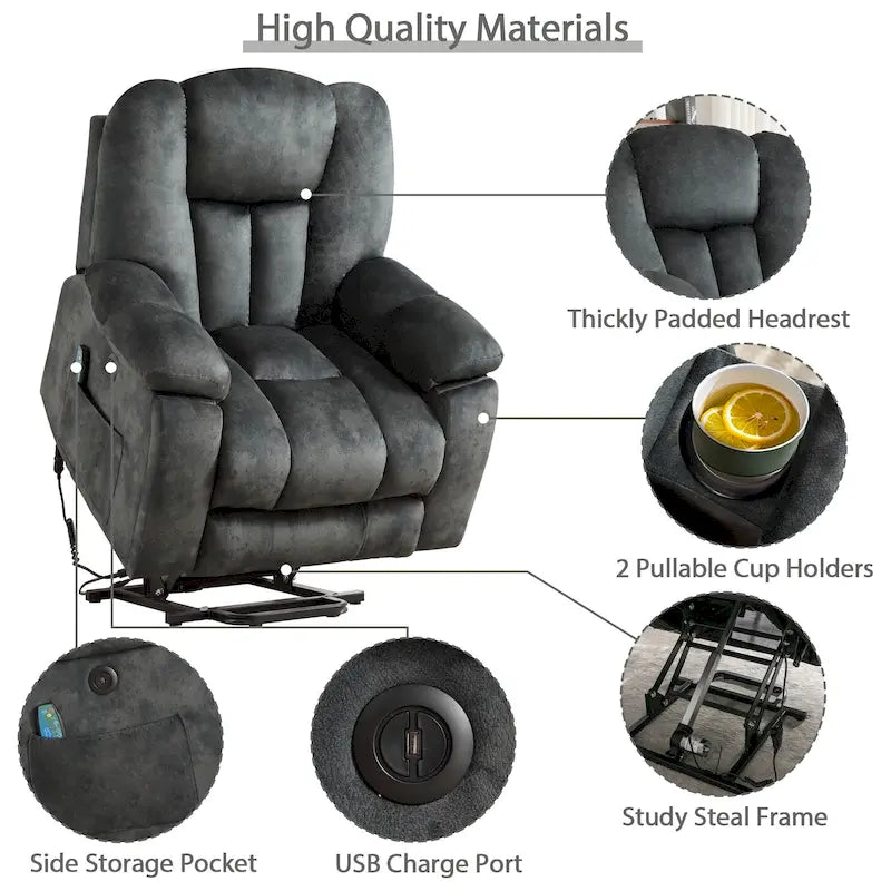 Fauteuil inclinable releveur électrique surdimensionné avec massage et chauffage et 2 porte-gobelets dissimulés pour personnes âgées