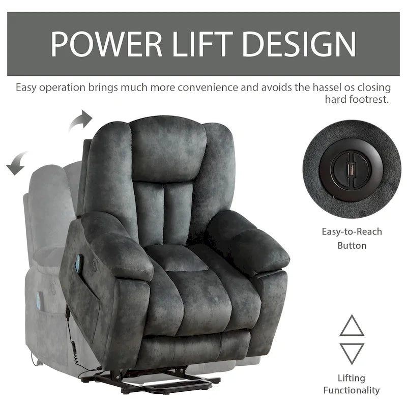 Fauteuil inclinable releveur électrique surdimensionné avec massage et chauffage et 2 porte-gobelets dissimulés pour personnes âgées