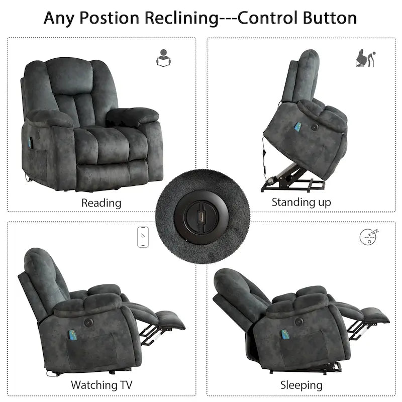 Fauteuil inclinable releveur électrique surdimensionné avec massage et chauffage et 2 porte-gobelets dissimulés pour personnes âgées