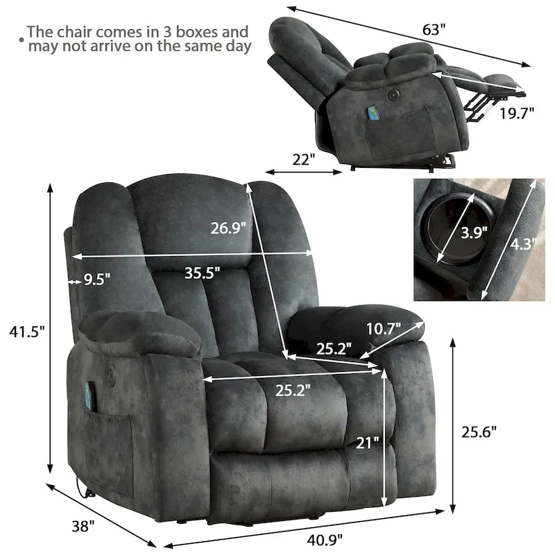 Fauteuil inclinable releveur électrique surdimensionné avec massage et chauffage et 2 porte-gobelets dissimulés pour personnes âgées