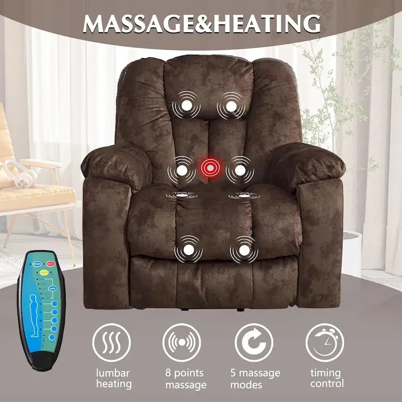 Fauteuil inclinable releveur électrique surdimensionné avec massage et chauffage et 2 porte-gobelets dissimulés pour personnes âgées