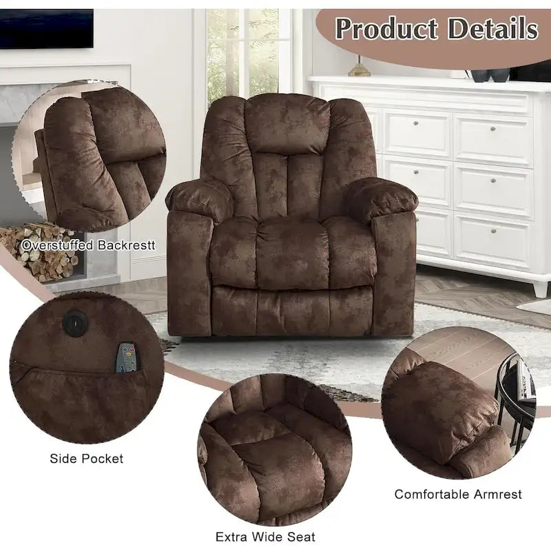 Fauteuil inclinable releveur électrique surdimensionné avec massage et chauffage et 2 porte-gobelets dissimulés pour personnes âgées