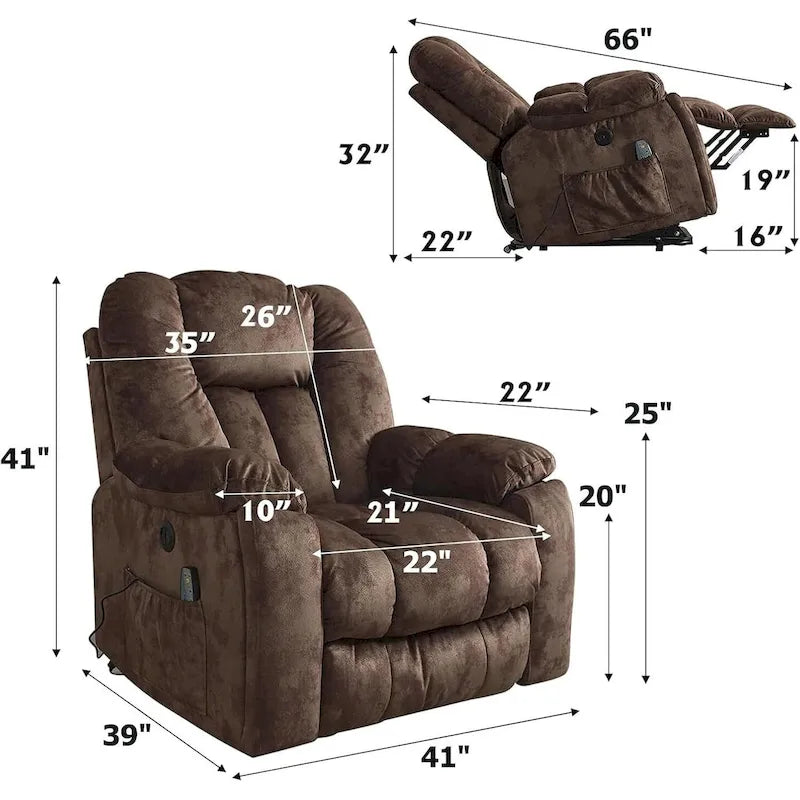 Fauteuil inclinable releveur électrique surdimensionné avec massage et chauffage et 2 porte-gobelets dissimulés pour personnes âgées
