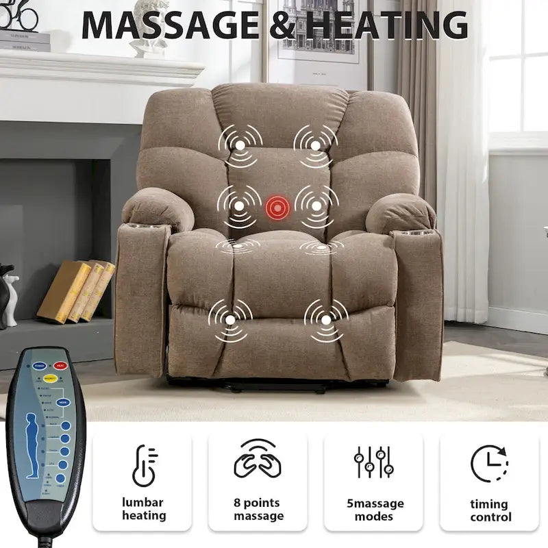 Fauteuil inclinable releveur électrique avec massage et chauffage pour personnes âgées, avec 2 porte-gobelets