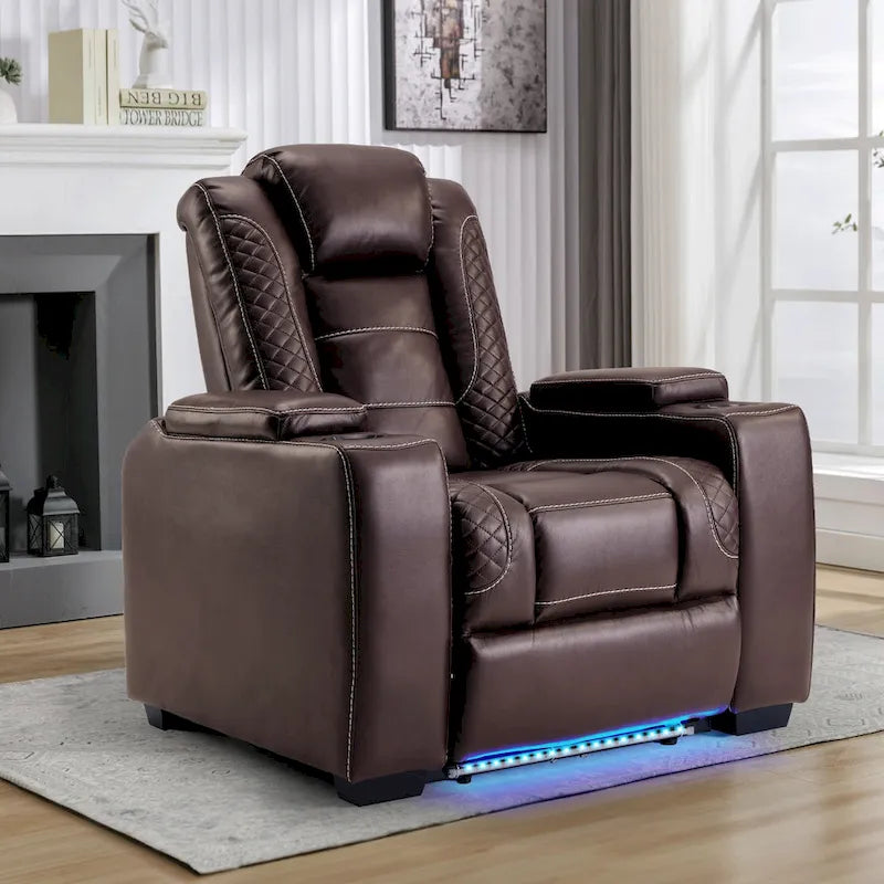 Fauteuil inclinable électrique avec appuie-tête réglable, ports USB et porte-gobelets, rangement dissimulé dans les accoudoirs pour cinéma maison