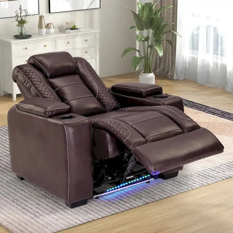 Fauteuil inclinable électrique avec appuie-tête réglable, ports USB et porte-gobelets, rangement dissimulé dans les accoudoirs pour cinéma maison