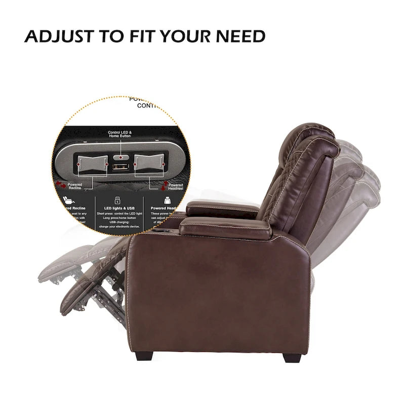 Fauteuil inclinable électrique avec appuie-tête réglable, ports USB et porte-gobelets, rangement dissimulé dans les accoudoirs pour cinéma maison