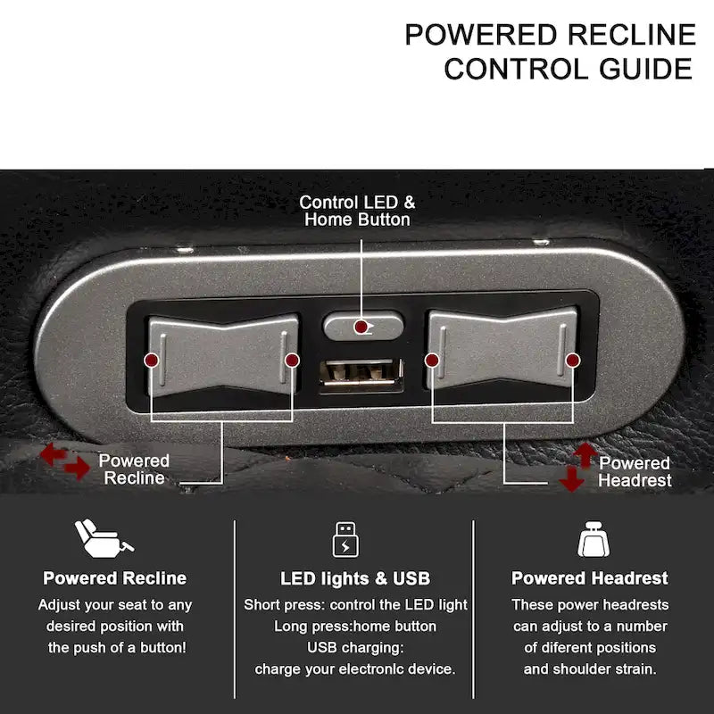 Fauteuil inclinable électrique avec appuie-tête réglable, ports USB et porte-gobelets, rangement dissimulé dans les accoudoirs pour cinéma maison