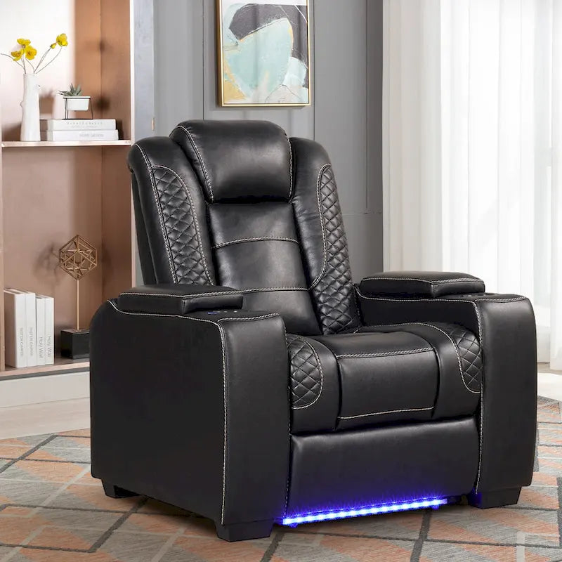 Fauteuil inclinable électrique avec appuie-tête réglable, ports USB et porte-gobelets, rangement dissimulé dans les accoudoirs pour cinéma maison