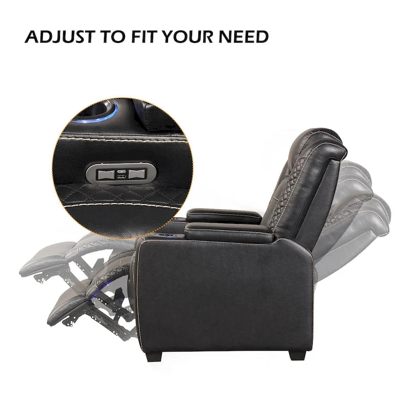 Fauteuil inclinable électrique avec appuie-tête réglable, ports USB et porte-gobelets, rangement dissimulé dans les accoudoirs pour cinéma maison