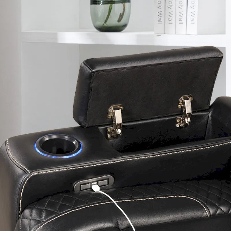 Fauteuil inclinable électrique avec appuie-tête réglable, ports USB et porte-gobelets, rangement dissimulé dans les accoudoirs pour cinéma maison