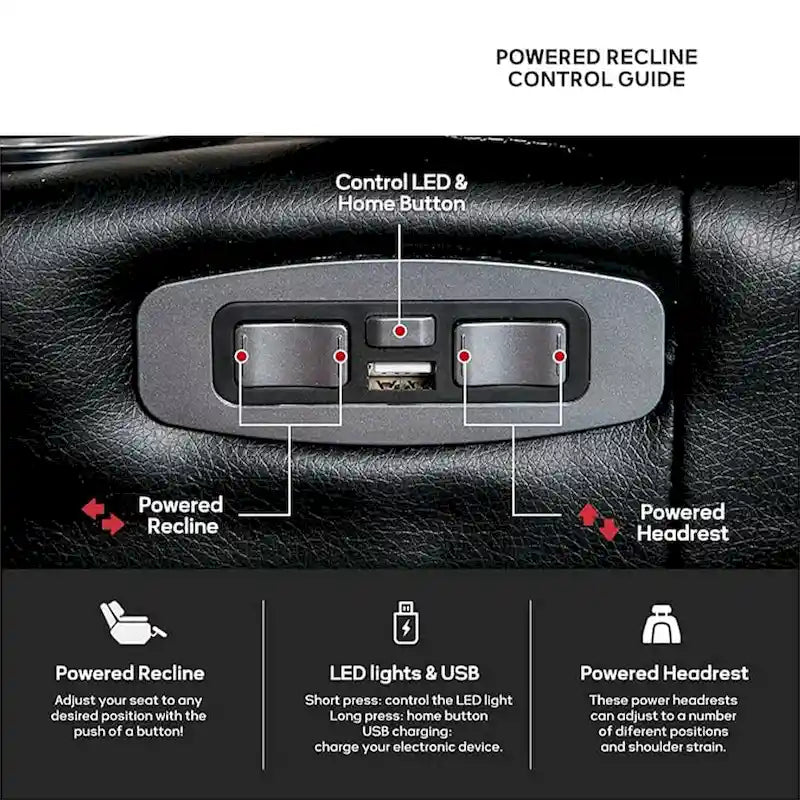 Fauteuil inclinable électrique avec appuie-tête réglable, ports USB et porte-gobelets, rangement dissimulé dans les accoudoirs pour cinéma maison