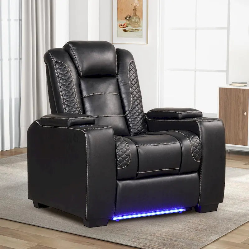 Fauteuil inclinable électrique avec appuie-tête réglable, ports USB et porte-gobelets, rangement dissimulé dans les accoudoirs pour cinéma maison