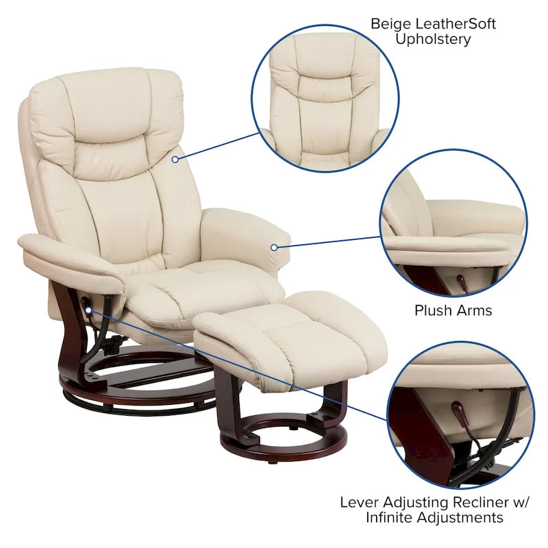 Fauteuil inclinable contemporain multiposition et ottoman incurvé avec base pivotante - 34 - 44,5P x 33L x 41,25H