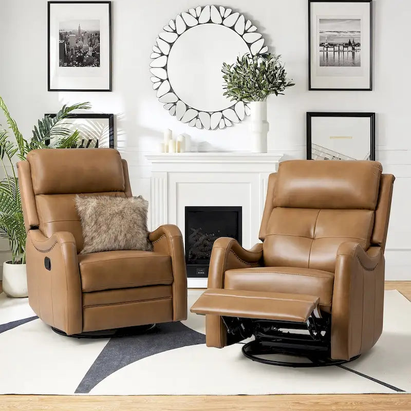 Fauteuil inclinable, pivotant et à bascule en cuir véritable FrancoModern avec garnitures cloutées (Lot de 2) par HULALA HOME
