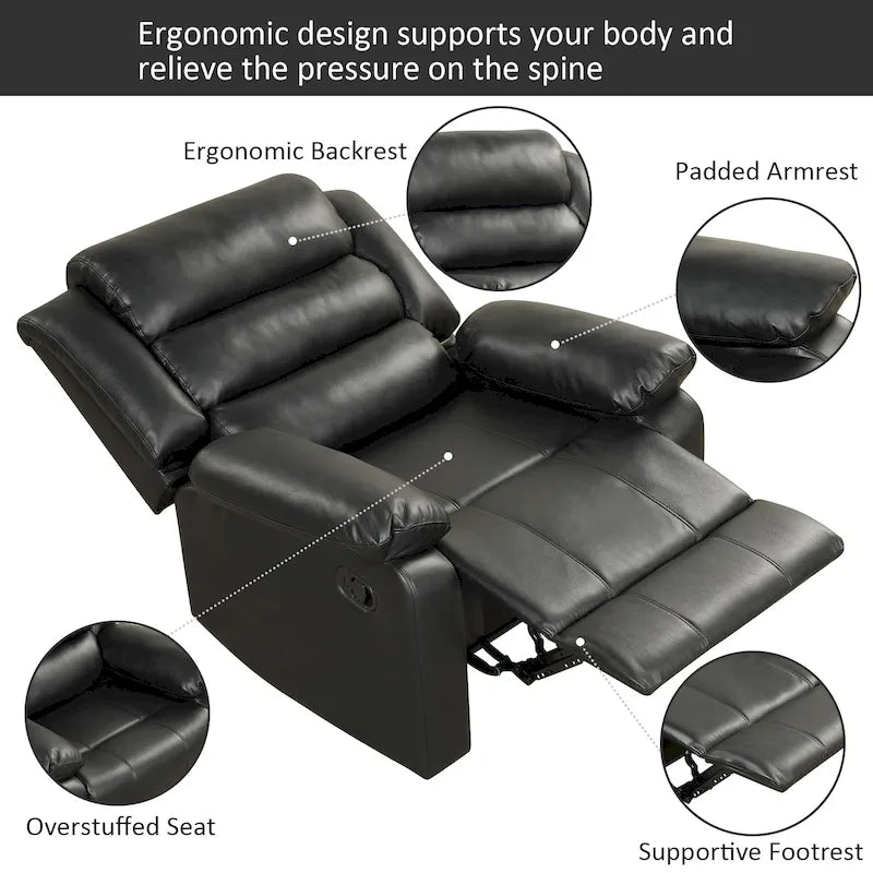 Fauteuil inclinable manuel en cuir PU respirant avec accoudoirs et dossier surrembourrés