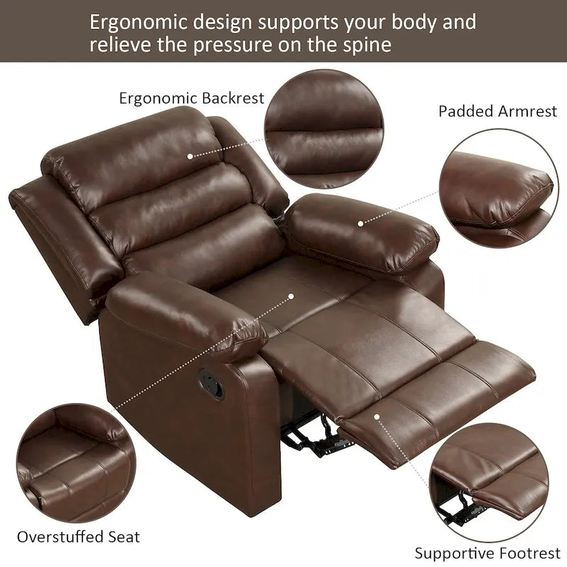 Fauteuil inclinable manuel en cuir PU respirant avec accoudoirs et dossier surrembourrés