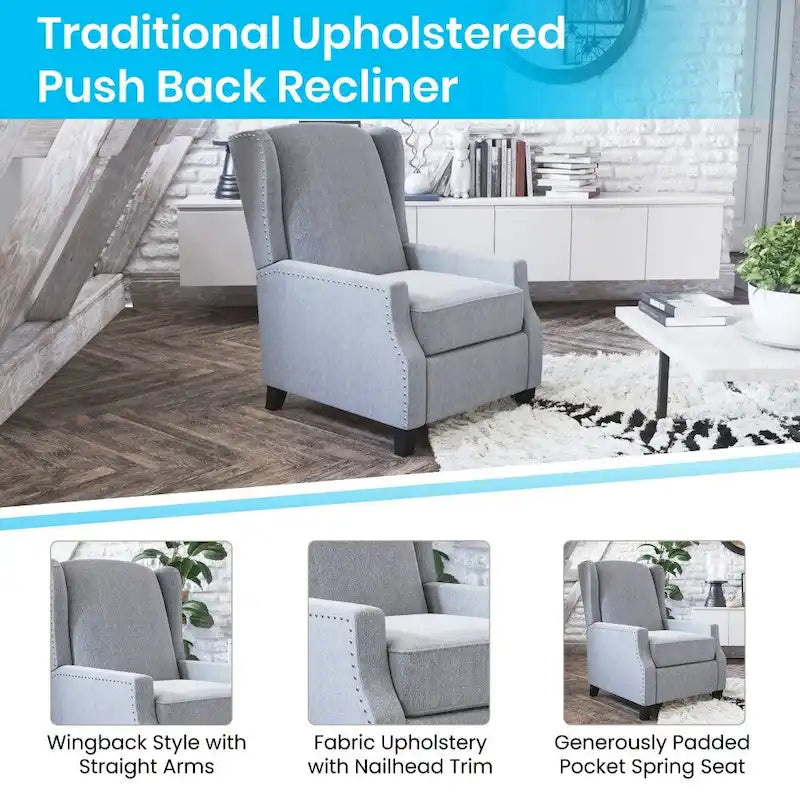 Fauteuil inclinable avec pochette arrière et garniture de clous décoratifs