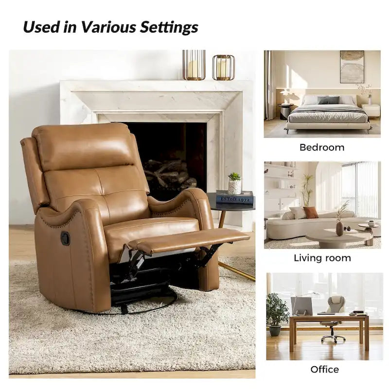 Fauteuil inclinable, basculant et pivotant en cuir véritable FrancoModern avec garniture cloutée par HULALA HOME