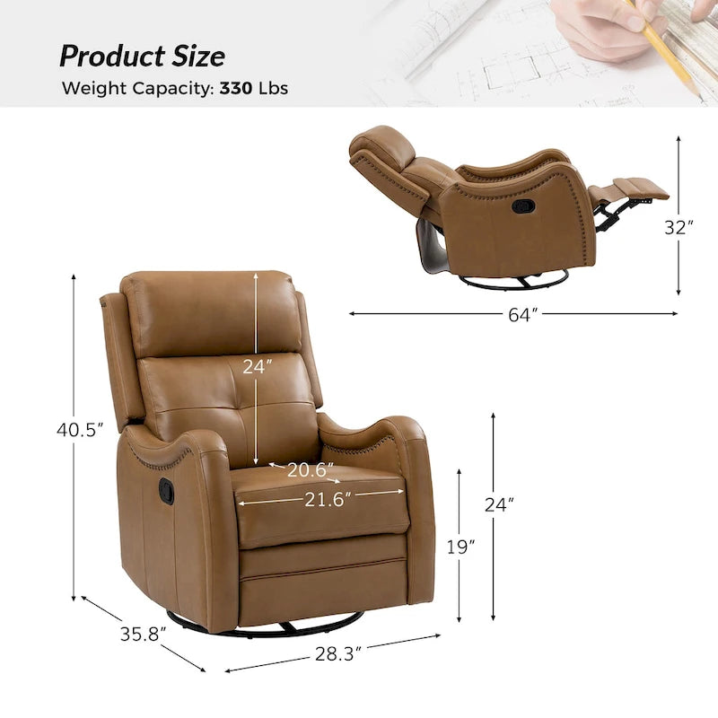 Fauteuil inclinable, basculant et pivotant en cuir véritable FrancoModern avec garniture cloutée par HULALA HOME