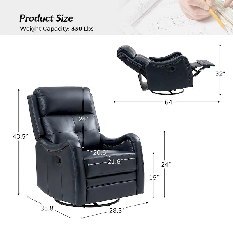 Fauteuil inclinable, basculant et pivotant en cuir véritable FrancoModern avec garniture cloutée par HULALA HOME