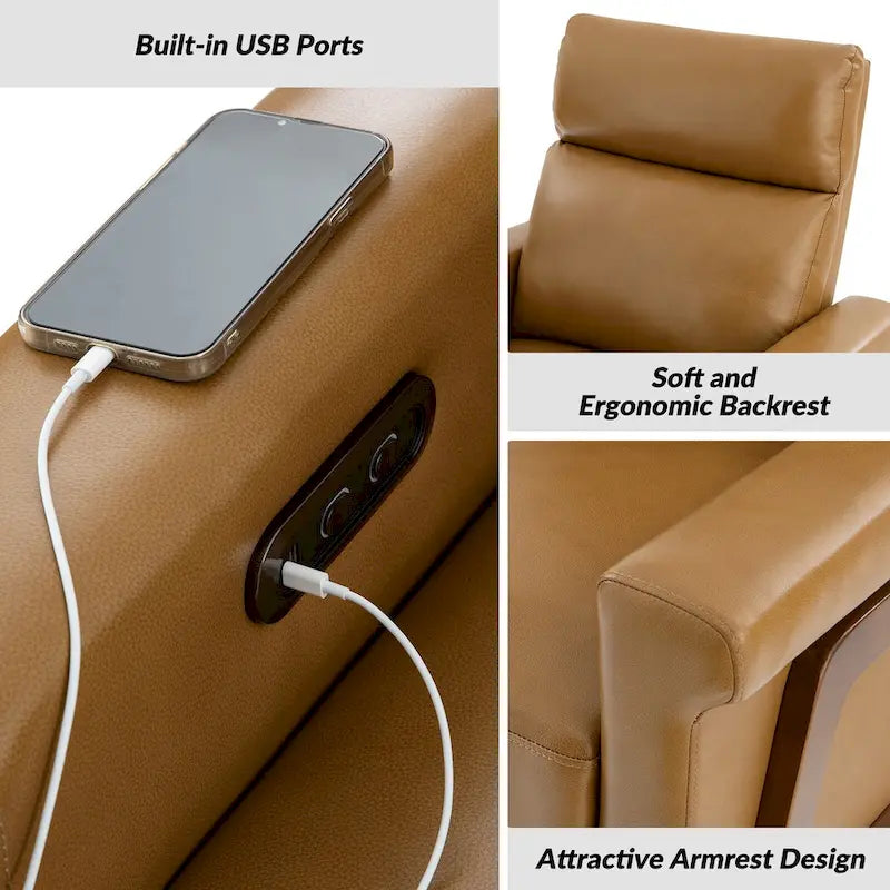 Fauteuil inclinable électrique en cuir véritable moderne Jaime avec ports USB intégrés, lot de 2, par HULALA HOME