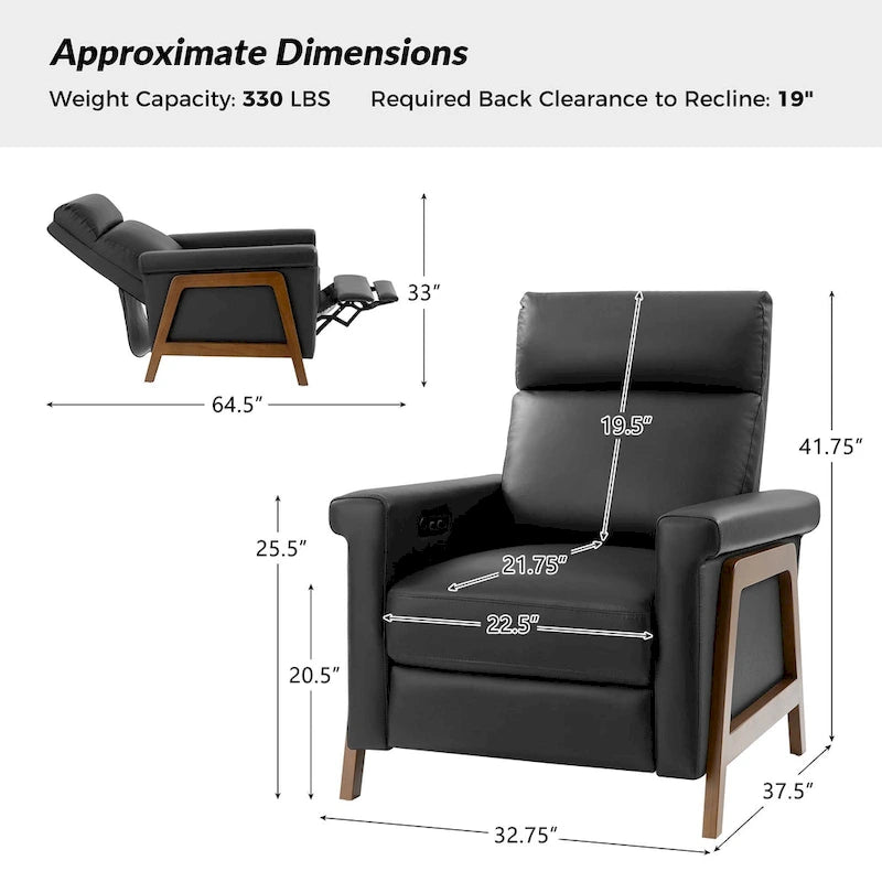 Fauteuil inclinable électrique en cuir véritable moderne Jaime avec ports USB intégrés, lot de 2, par HULALA HOME