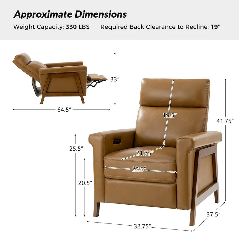 Fauteuil inclinable électrique en cuir véritable moderne Jaime avec ports USB intégrés, lot de 2, par HULALA HOME