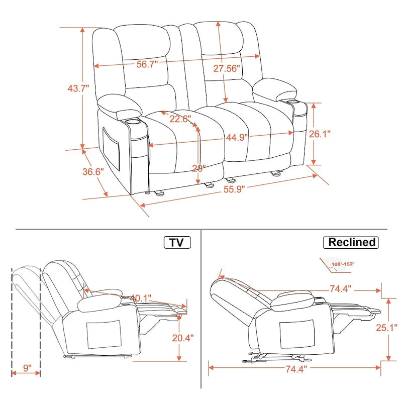 Causeuse inclinable électrique MCombo avec fonction chauffage et massage, en tissu PR648