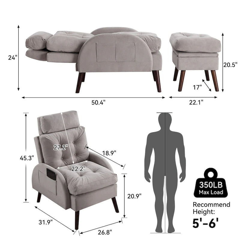 HOMYKA Chaise longue rembourrée avec dossier réglable et pouf de rangement