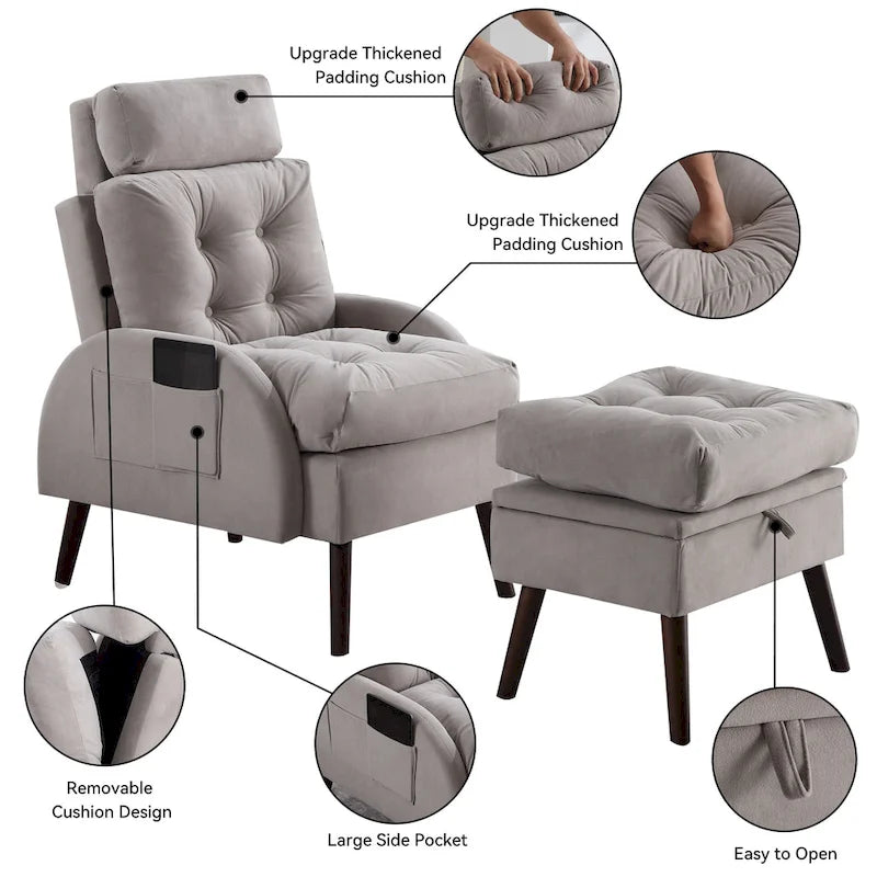 HOMYKA Chaise longue rembourrée avec dossier réglable et pouf de rangement
